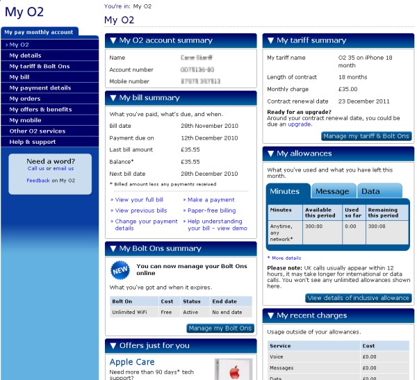 o2 Bill summary