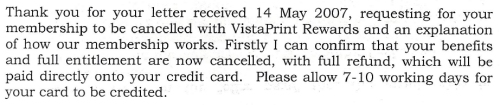 Extract of cancellation letter from VistaPrint Rewards