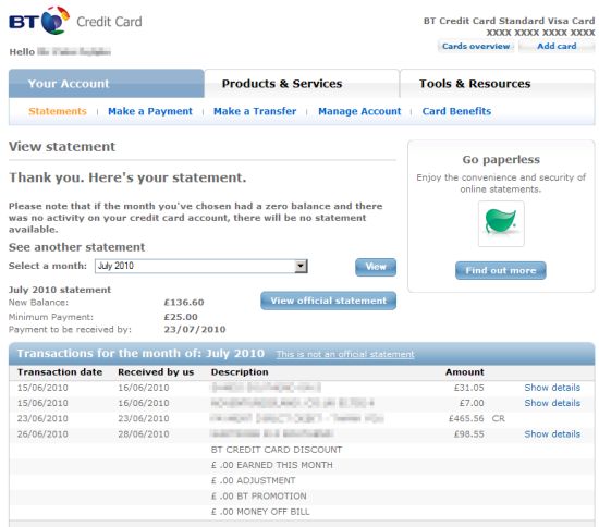 BT Credit Card Online Statement