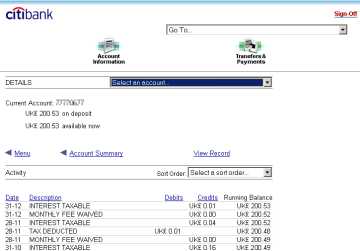Sample of online banking with CitiBank