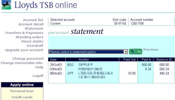 Sample of online banking